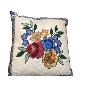 15" Square Quilted & Embroidered Floral Sofa Throw Pillow With Blue Floral Borde